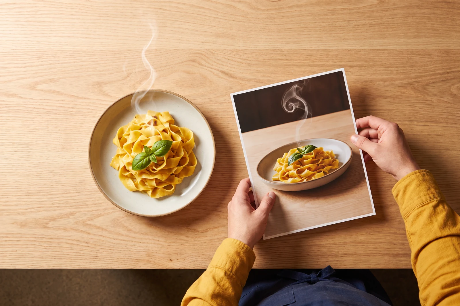Seen from directly above: a plate of pappardelle on light ash wood and, beside it, a matte photograph of the same plate being laid down by hands in saffron sleeves, with one curl of steam over both.