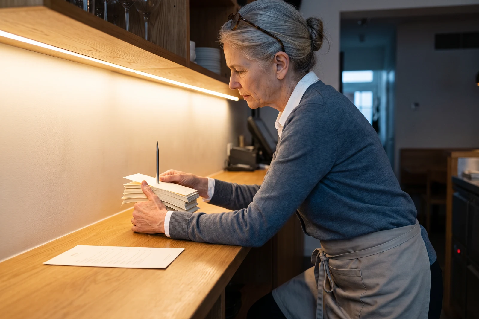 In the service corner the owner leafs with her thumb through a thick fan of blank slips on the spike, her apron untied off one hip, her glasses pushed up, her shoulders down.