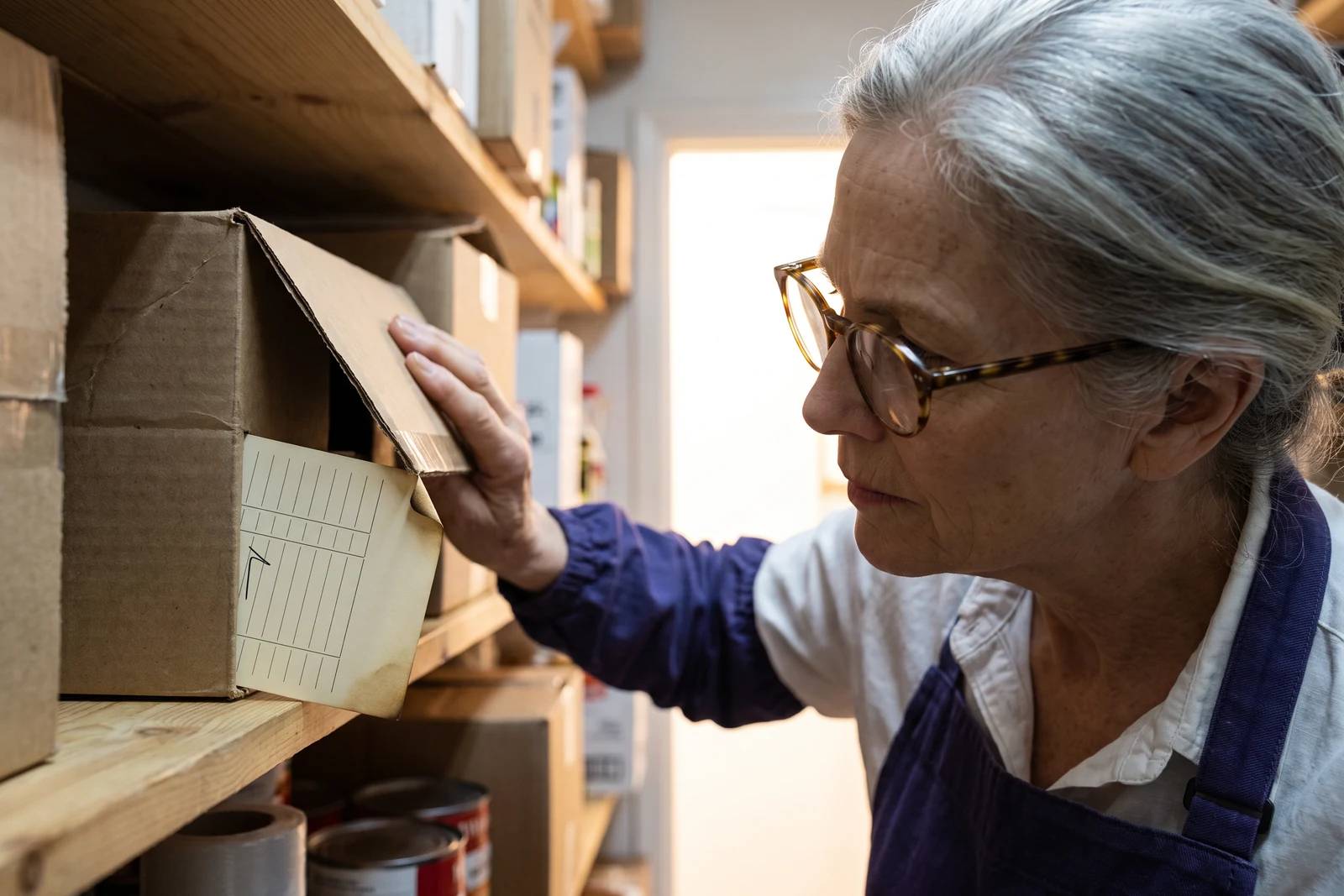 Chef-owner Margaret Ellison peers at an unchanged cream record card tucked beneath a cardboard box on a storeroom shelf.