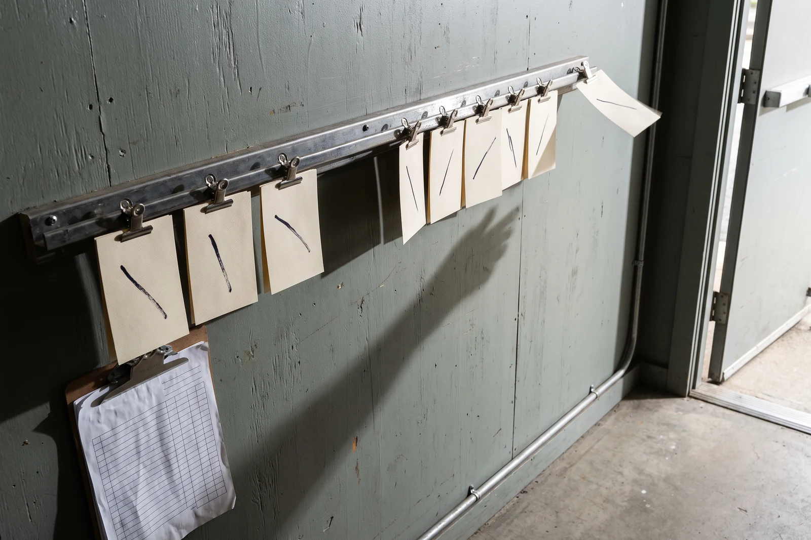 A steel rail of cream record cards has one empty gap while the card nearest the open service door lifts in the draught.