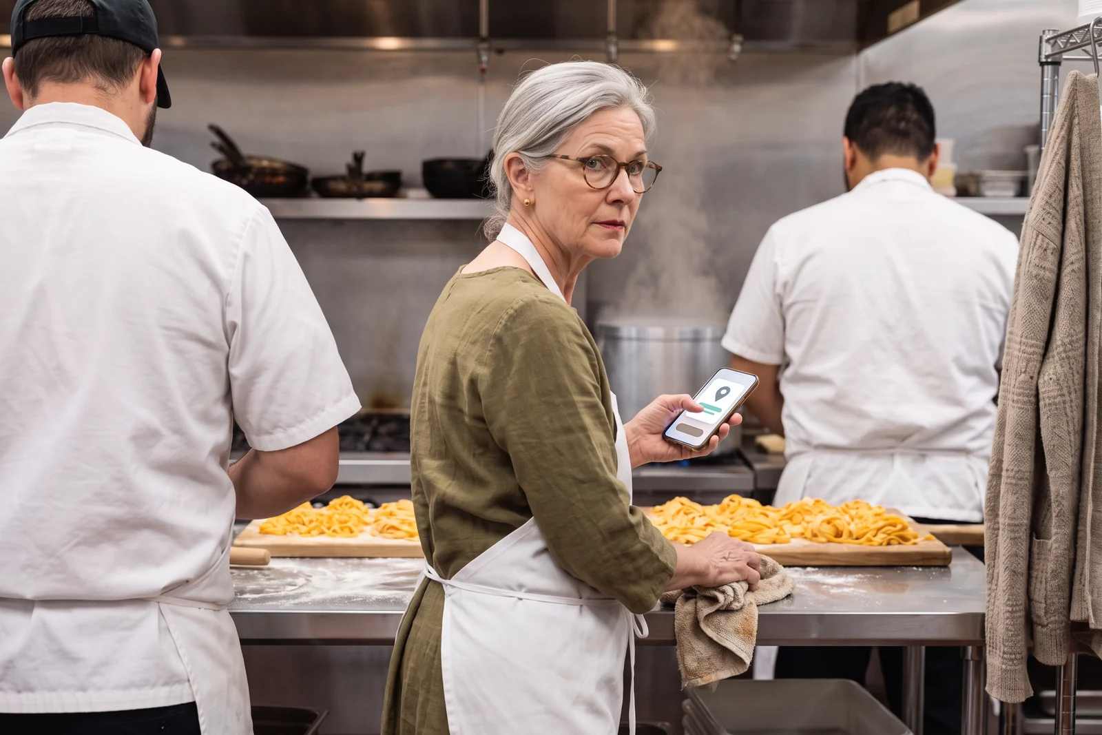 In the Tampa Pasta House kitchen, Margaret squeezes between two cooks at the stove, wiping her hand, and looks over her shoulder at a highlighted line on her phone, her finger over delete.