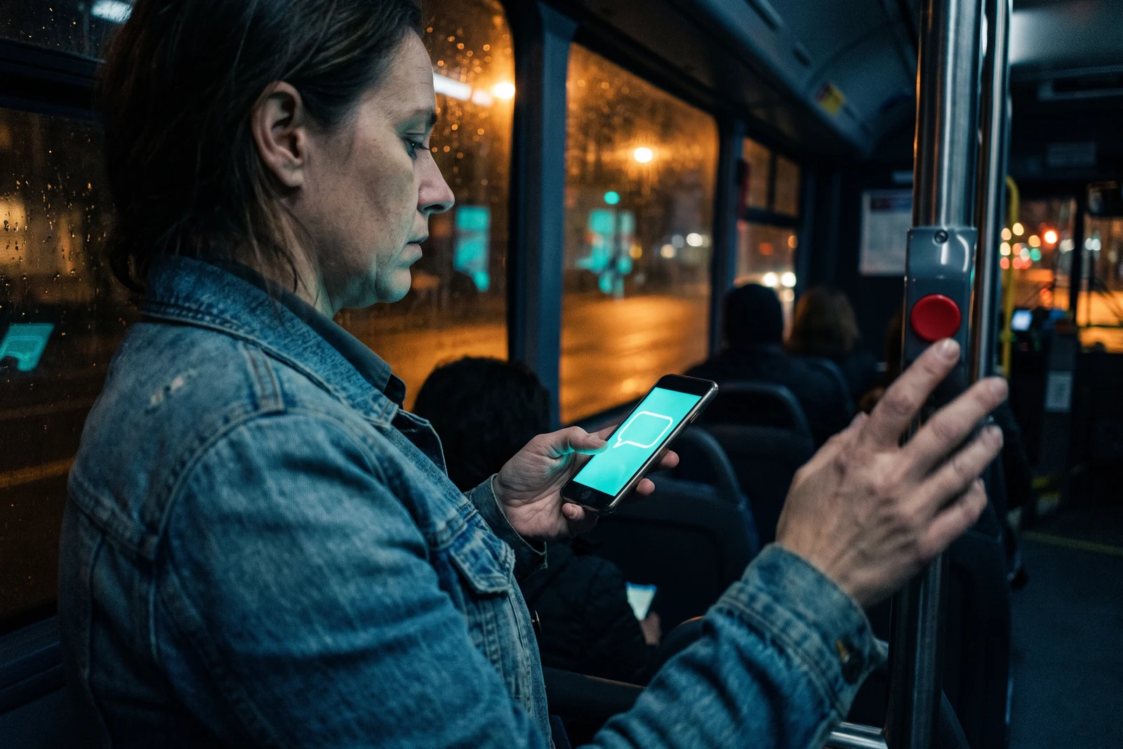 Inside a city bus late at night, a woman in a denim jacket over a supermarket work shirt holds the overhead rail with one hand and types with her thumb on a phone whose screen glows turquoise on her chin, while her other hand already reaches toward the stop button.