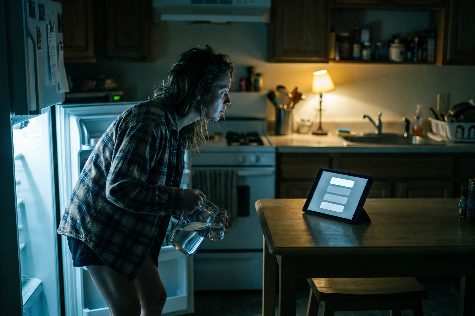 A dark home kitchen at night: a woman in a flannel shirt and shorts is pouring water at the open refrigerator and turns toward a tablet that has lit up on the table, its screen laying a clean rectangle of cold light across her cheek.