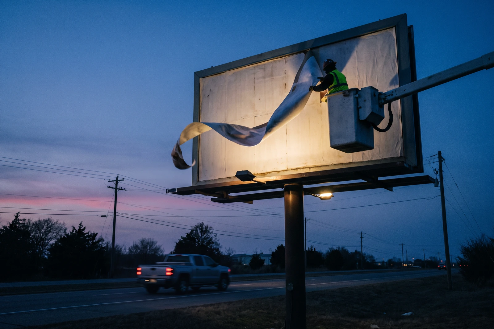 At a highway exit in late dusk, a worker in a high-visibility vest and hard hat stands in a bucket lift and peels a wide strip of old poster from a billboard, half of it already rolled back to bare board, two floodlights throwing warm light up from below against an indigo sky.