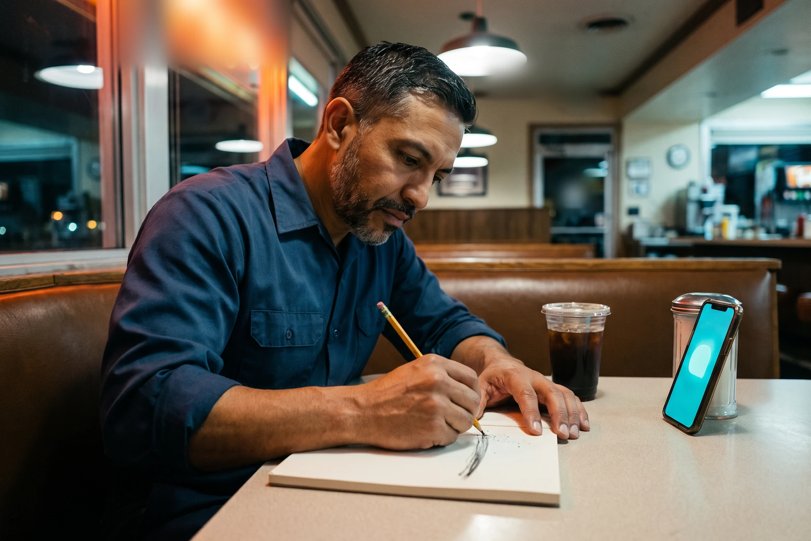 In the corner booth of a roadside diner near midnight, Mateo in a clean dark blue shirt leans over the table with his phone propped against a salt shaker and drags a pencil hard through one line in his open notebook, a cold cup of coffee beside his elbow.