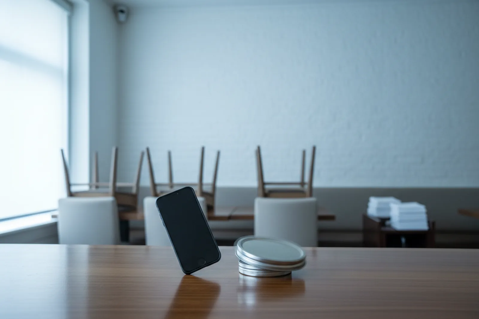 A dark phone stands tilted on its edge on a polished wooden table beside a small stack of metal tins, in an empty dining room with the chairs upturned on the tables before opening.