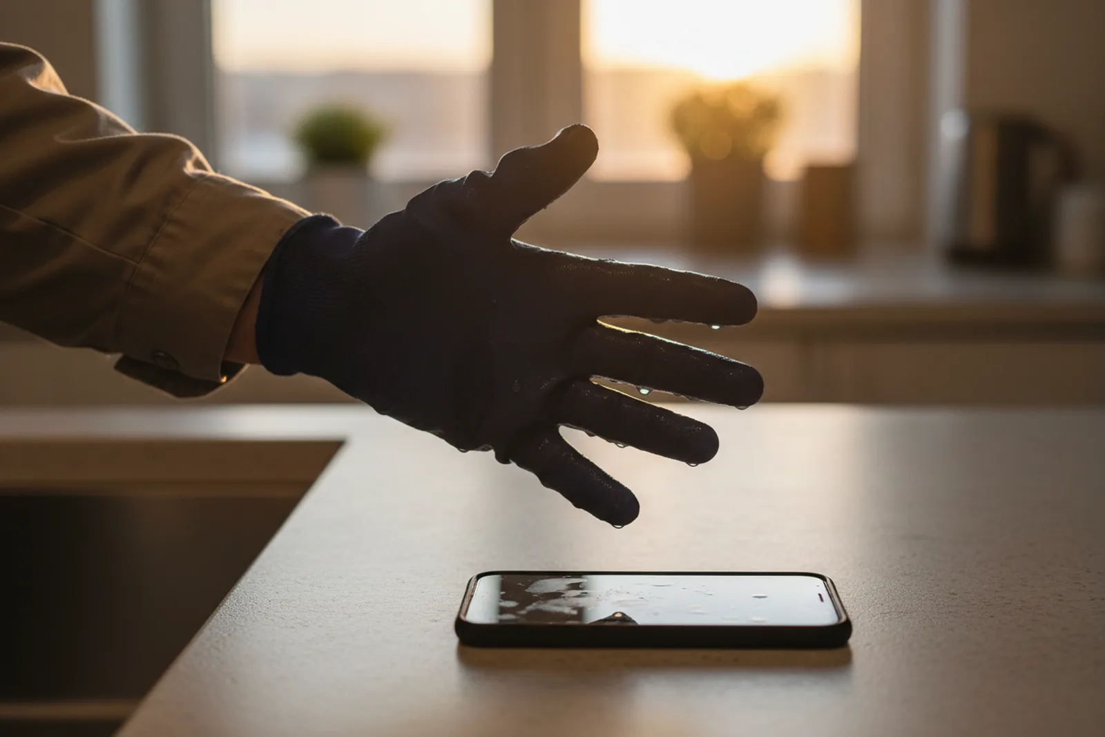 A hand in a wet dark work glove, water dripping from the fingertips, reaches toward a phone lying face up on a kitchen counter, with a sunlit window behind it.
