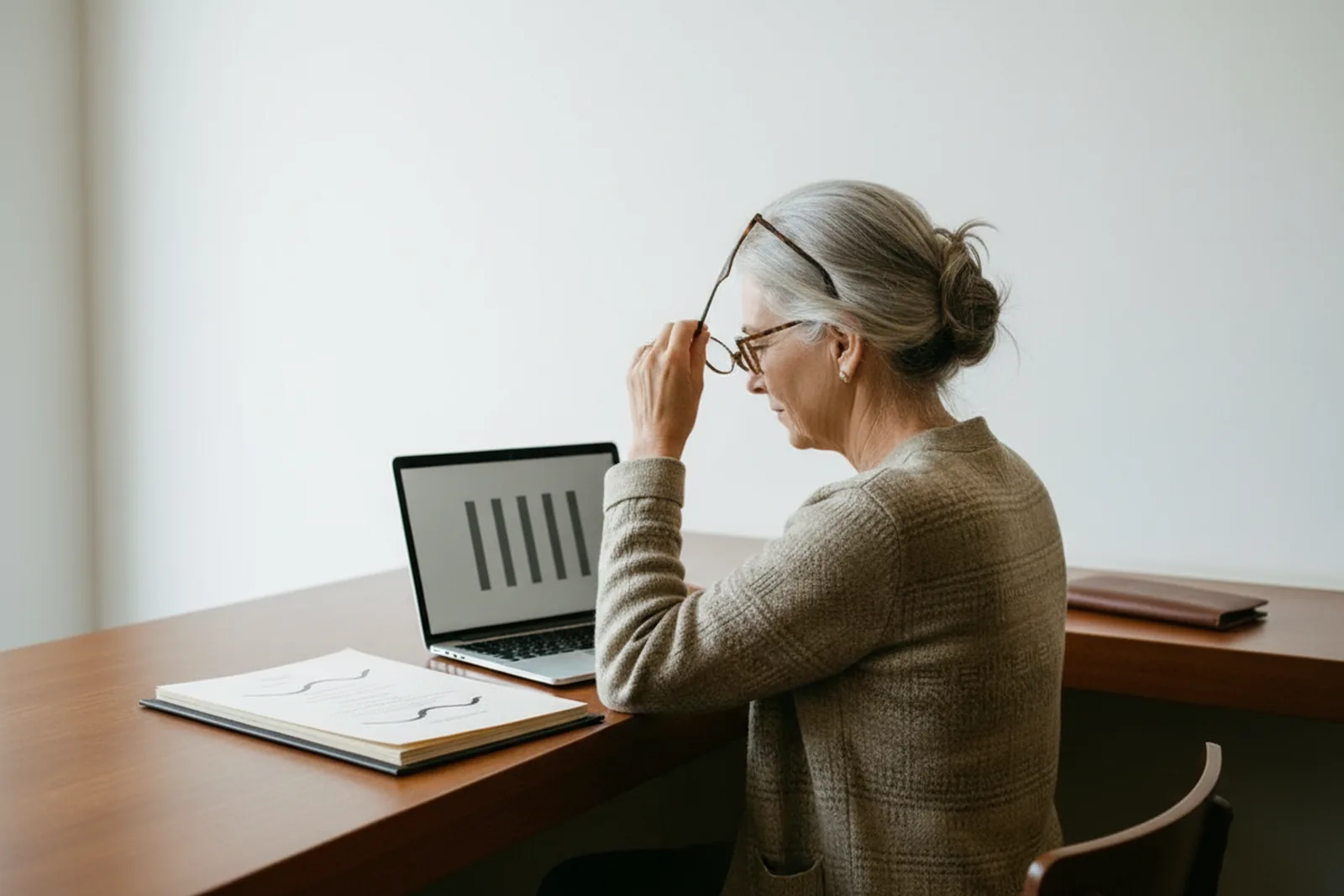 A gray-haired woman in a knitted cardigan sits at a wooden desk and adjusts her glasses as she leans toward an open laptop showing a few plain vertical bars, an open binder beside it.