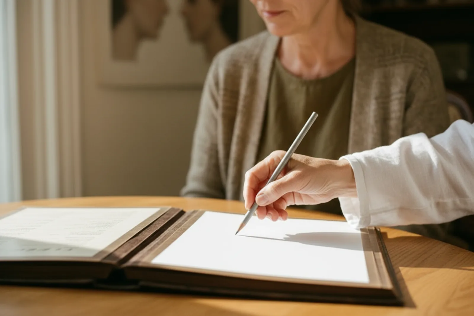 Across a sunlit wooden table, a woman in a cardigan watches as a hand in a white linen sleeve sets the tip of a pencil on the blank page of an open leather binder.