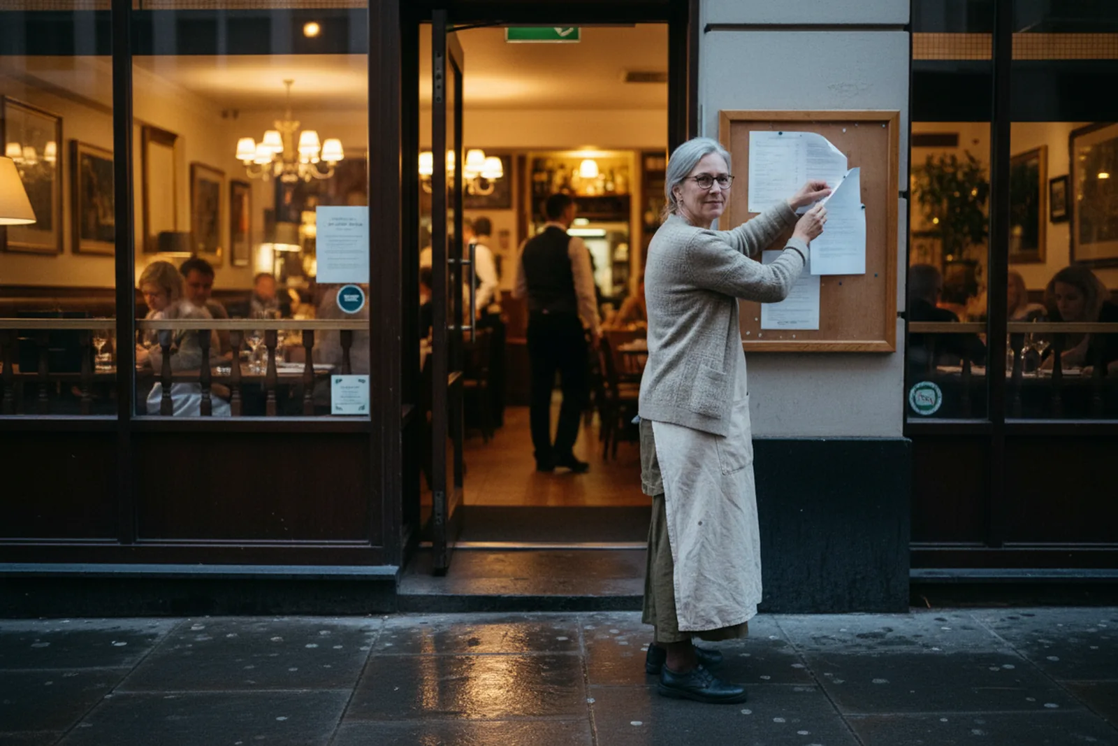 At dusk outside a warmly lit restaurant with diners inside, a gray-haired woman in glasses and a long linen apron pins a sheet of paper to a wooden notice board beside the open door and looks back over her shoulder.