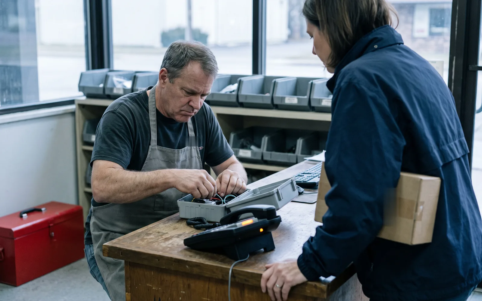 Morning at a parts-store counter: an employee stands behind the counter with both hands inside an open device while a customer waits, and the desk phone’s amber light glows.