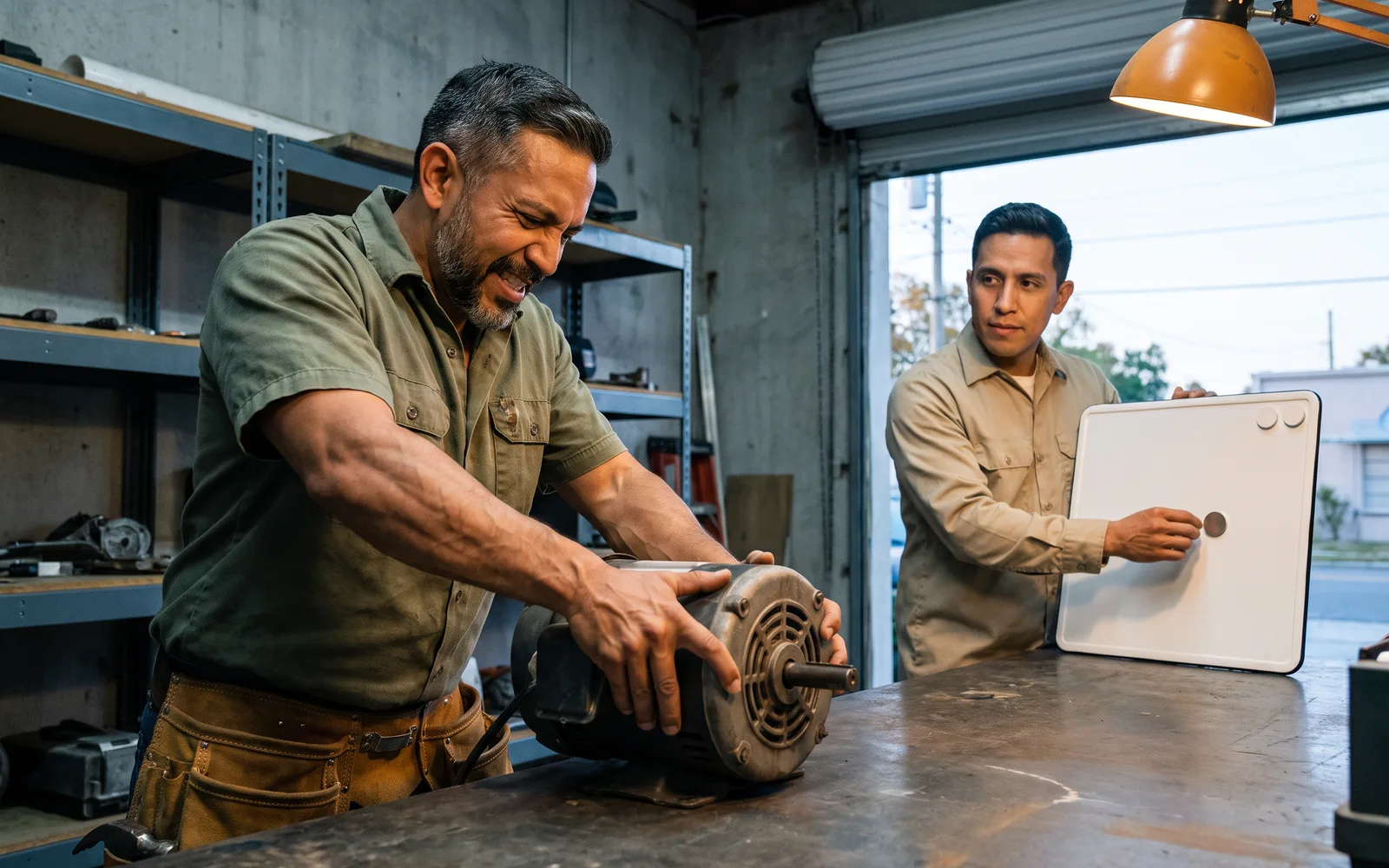 Afternoon in the Casa Lista workshop: Mateo lowers a heavy repaired motor onto the workbench and calls out a free evening over his shoulder, while Rene, the AI appointment coordinator, moves a magnet to the evening edge of a planning board.