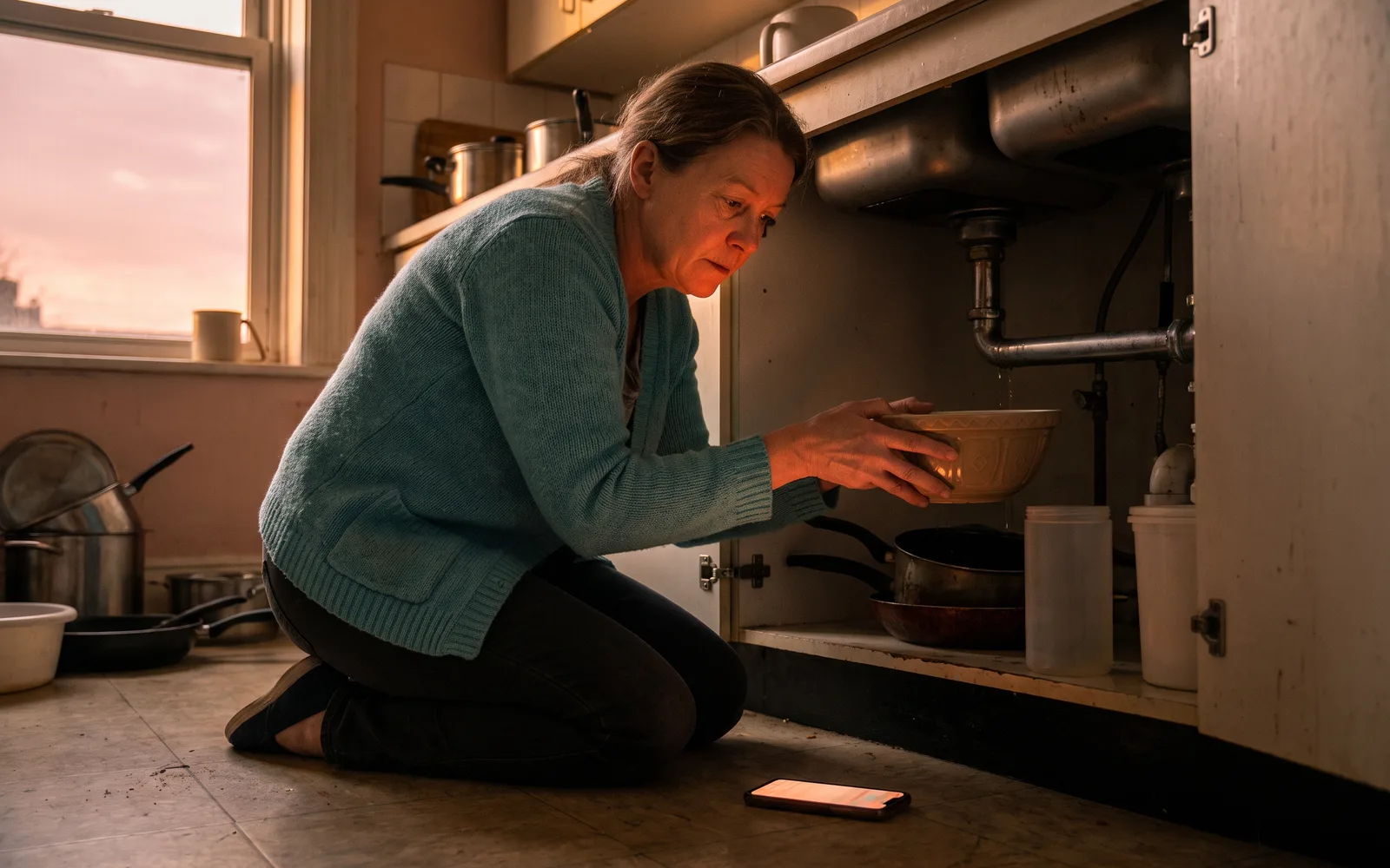 Sunset in a home kitchen: a woman kneels at the open cabinet under the sink, holding a bowl under a leaking drain, her phone on the floor beside her on speaker.