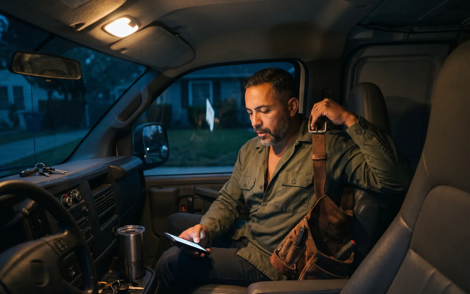 At night in the Casa Lista van: Mateo drops his tool belt onto the passenger seat and, with his other thumb, confirms the held request for the leaking sink on his phone.