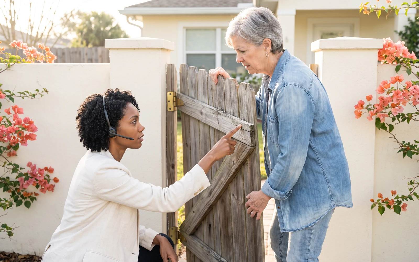 Morning at a cream stucco garden wall with coral bougainvillea: Ruby, the AI customer support specialist, kneels in her headset and points at the loose cross board of a sagging wooden gate while the owner, a gray-haired woman in a denim shirt, holds the gate up and looks where she points.
