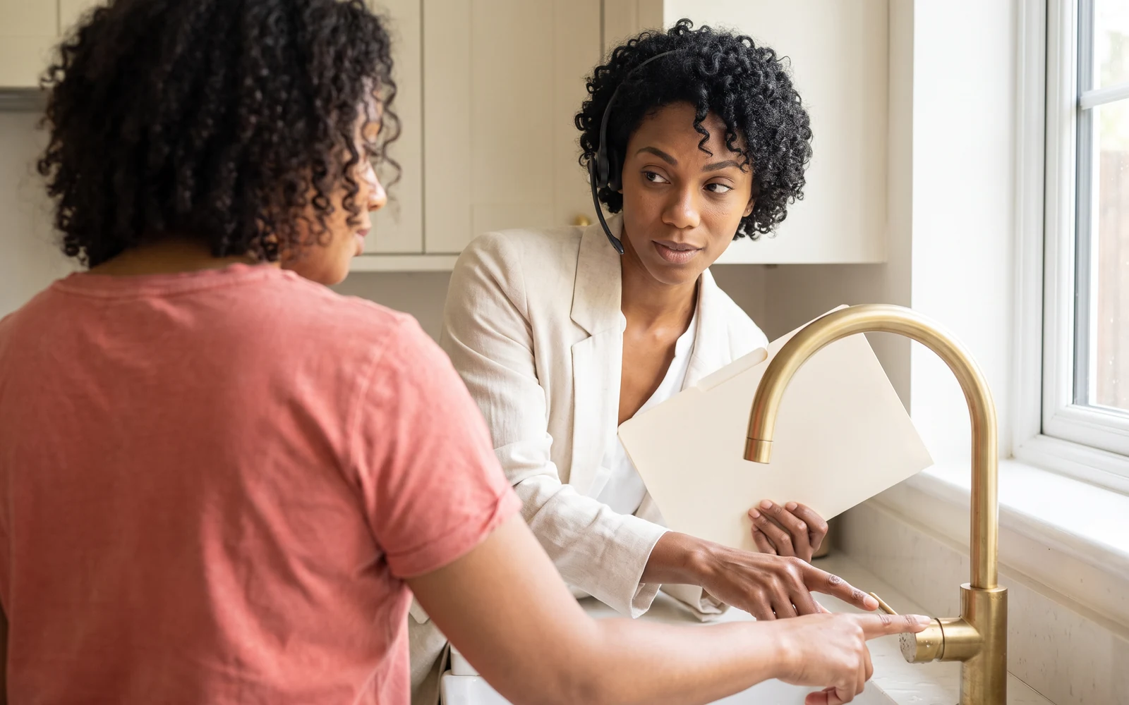 A bright cream kitchen, over a customer’s shoulder: she points at the base of a brass faucet, and Ruby, in her headset and a linen jacket, points to the same spot with a blank folder in her other hand.