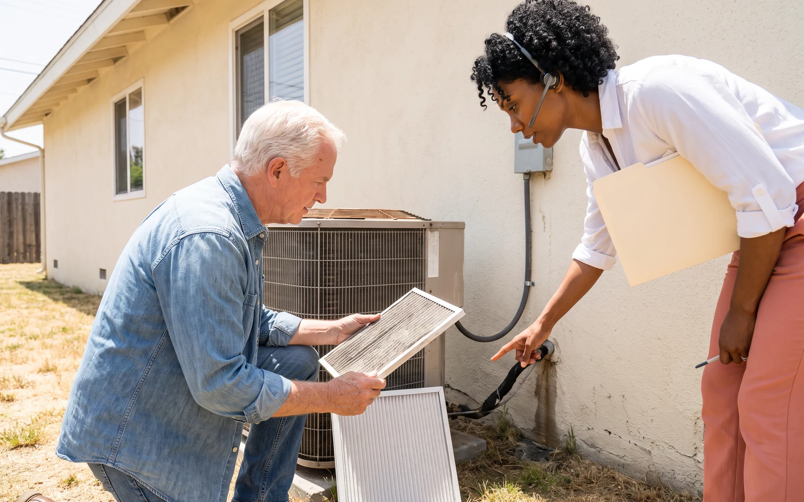 A sunny backyard at noon: a white-haired man in a denim shirt kneels by the outdoor air conditioner holding a dusty old filter, a clean new one leaning beside it, while Ruby, a folder under her arm, points at the water stain running down the wall.