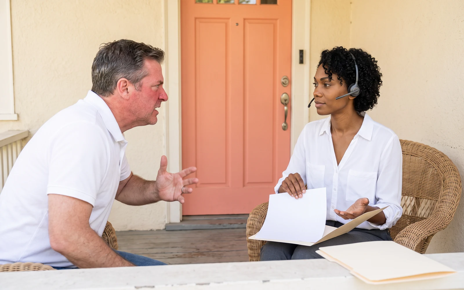 Afternoon on a porch with a coral door: an upset man in a white polo leans forward from his chair, arguing with his hand raised, while Ruby sits calmly across from him, slipping a blank sheet into a folder with her other palm open; two folders rest on the railing.