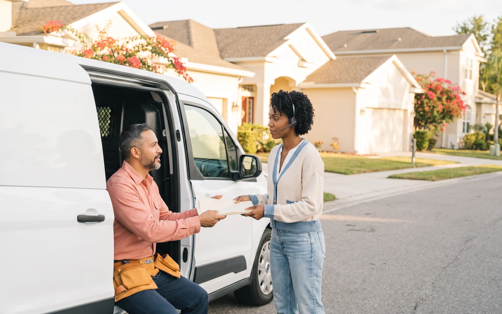 Early evening on a quiet Tampa street: Mateo, in a tool belt, sits at the open side door of his white van and takes a stack of folders from Ruby, who stands in her headset and a light cardigan.