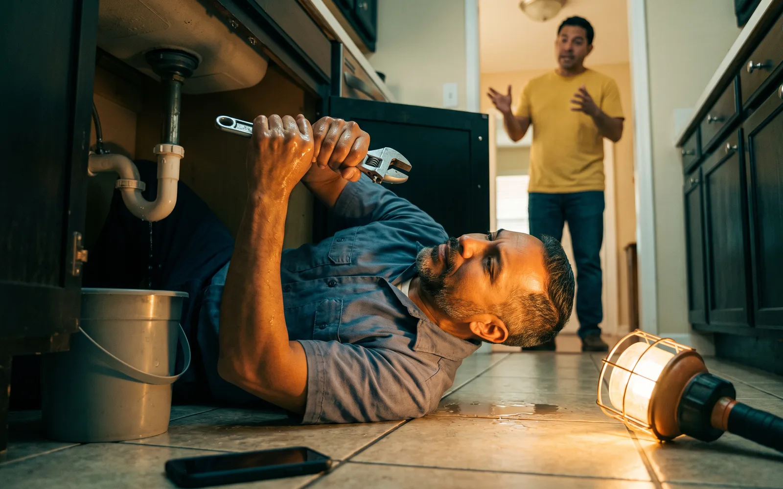 At noon, Mateo lies on his back under a client’s kitchen sink with a wrench while the homeowner explains the problem from the doorway; his phone lies face down.