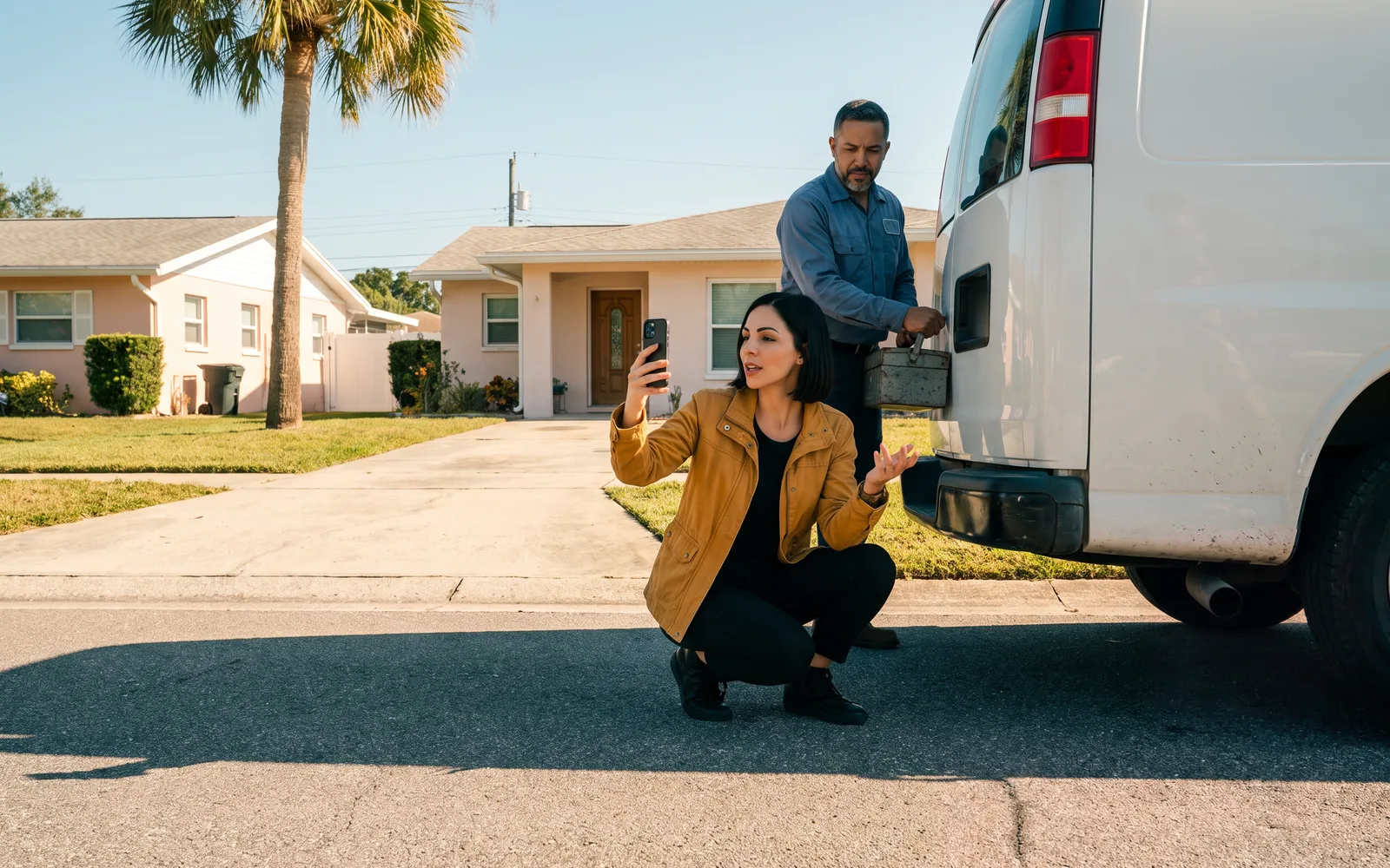 On the sidewalk by a white work van at midday, Sage, the AI video maker, crouches low to film a before-and-after clip while Mateo closes his toolbox behind her.