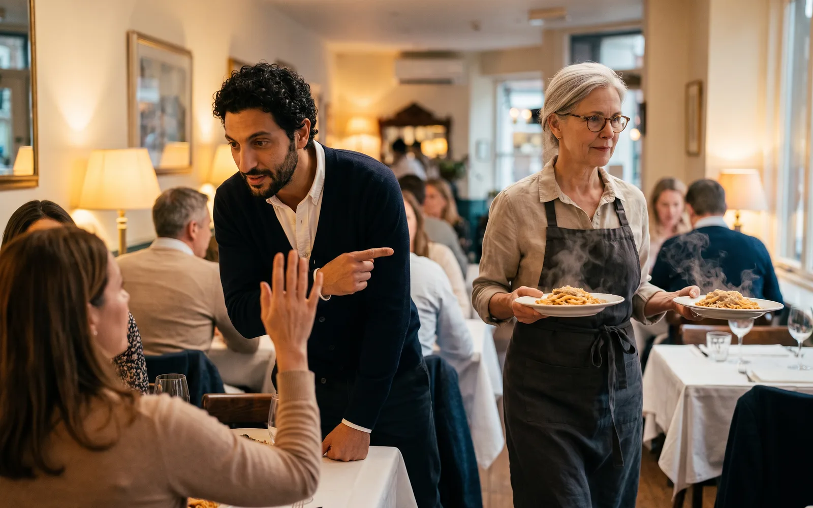 Evening in a full dining room: a guest raises her hand with a table request, and Avery, the AI administrator, leans in and points to a free table by the window while Margaret passes with two plates.