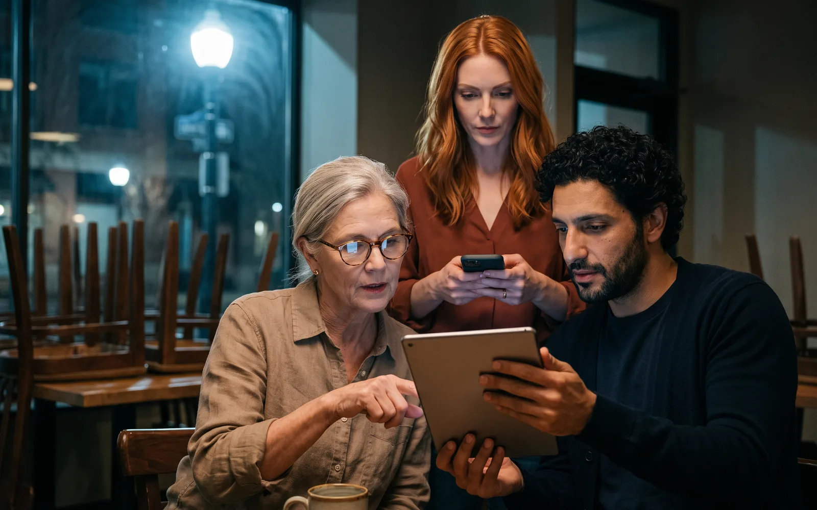 After closing, chairs up on the tables: Avery turns a tablet toward Margaret, who points at one line of tomorrow’s post while Sloane types the fix.