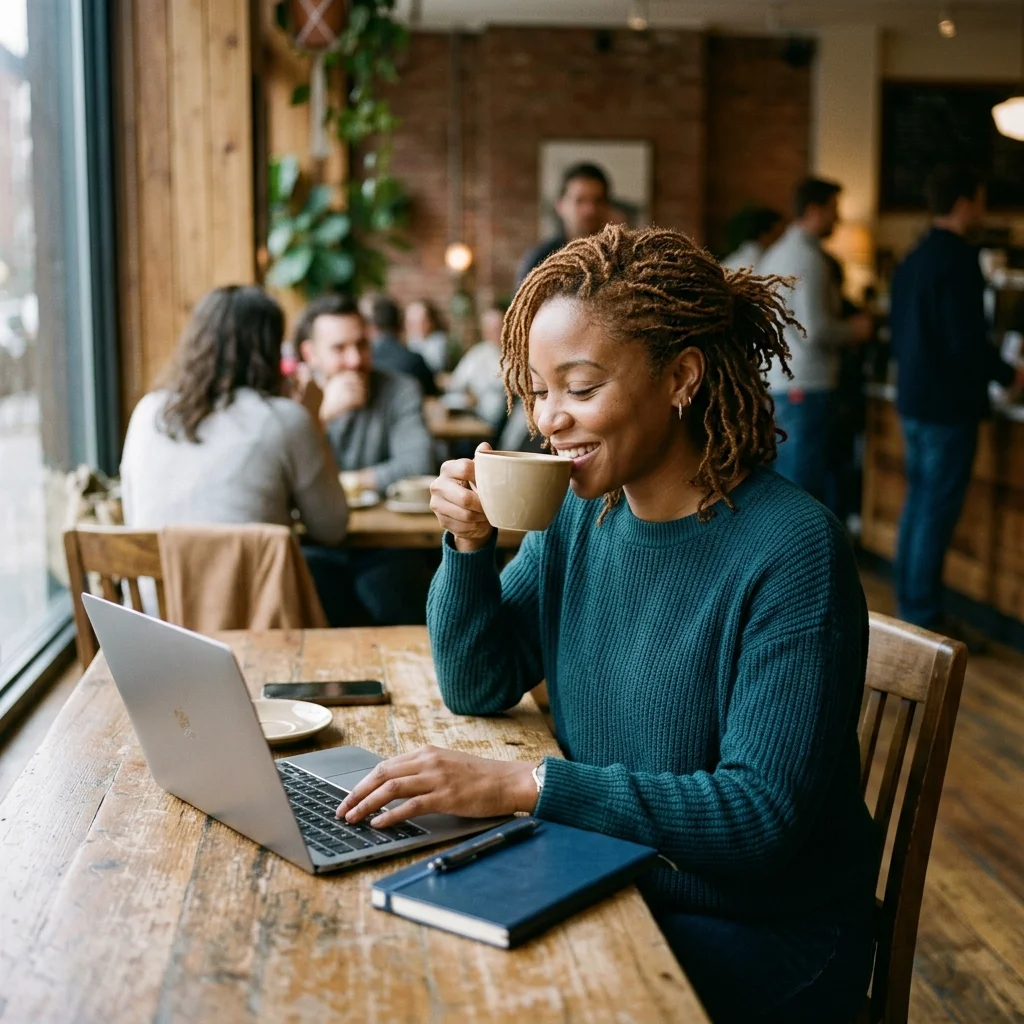 Owner taking a calm coffee break, time reclaimed from busywork