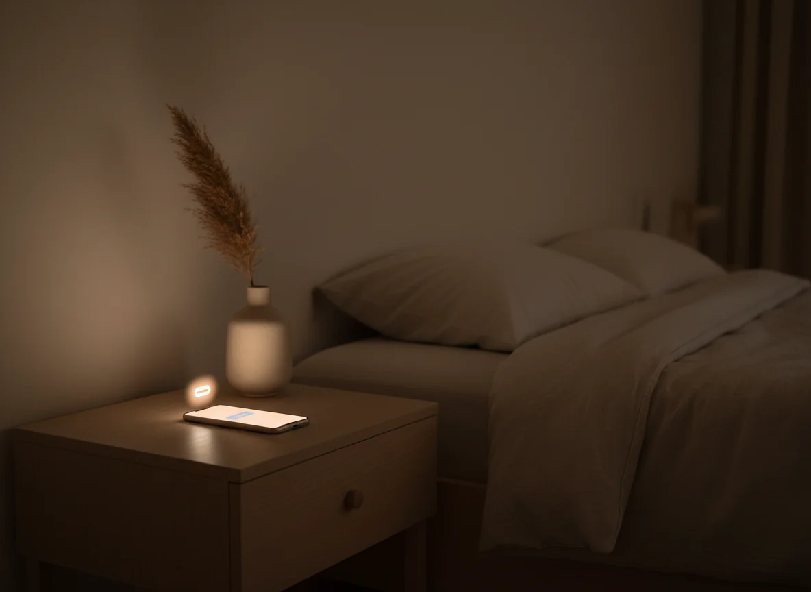 A phone glowing on a bedside table in a dim bedroom.
