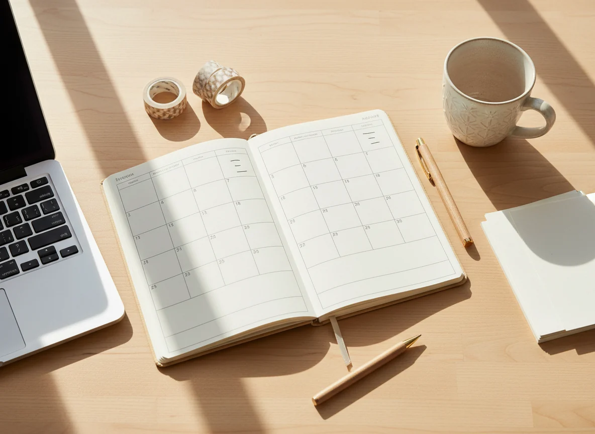 An open month-view planner on a sunlit desk with a laptop, pens and a mug.