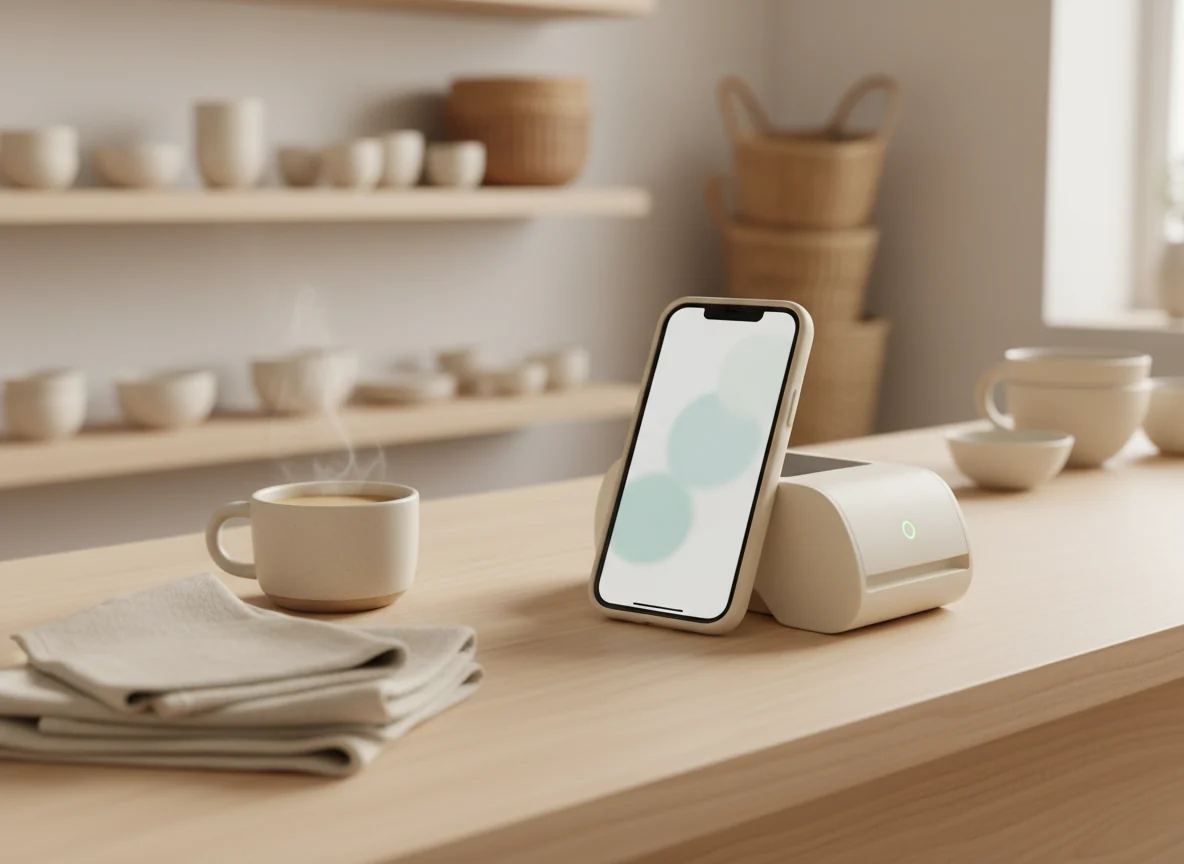 A phone in a stand on a cafe counter beside a steaming cup.