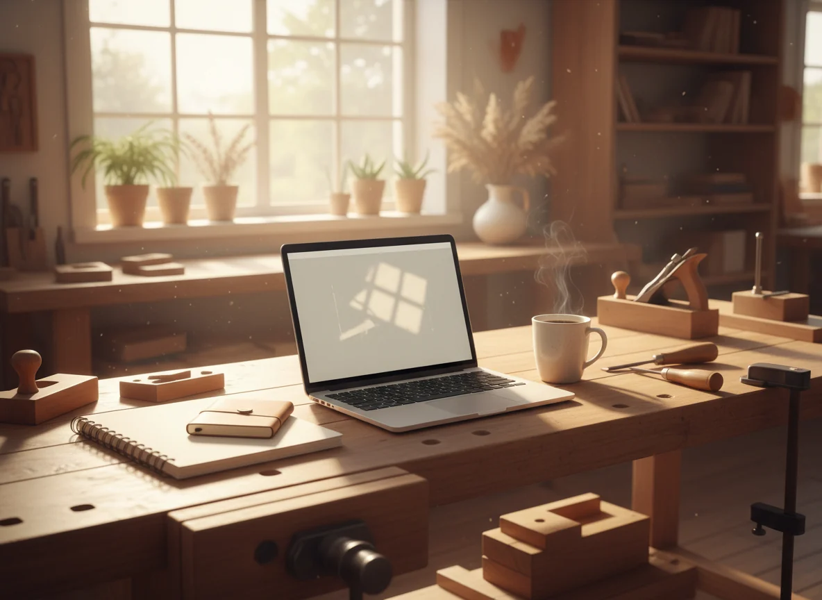 A laptop on a sunlit woodworking bench beside a notebook, mug and hand tools.