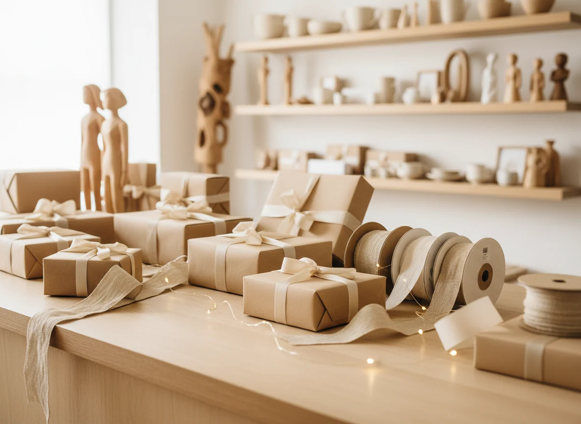 Gift boxes tied with ribbon on a shop counter.