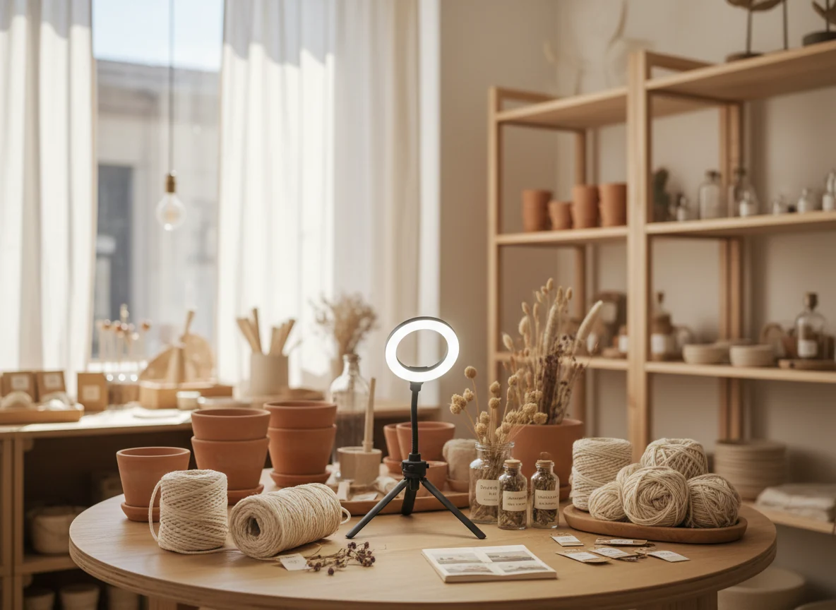 A ring light above pottery, twine and dried flowers in a craft shop.