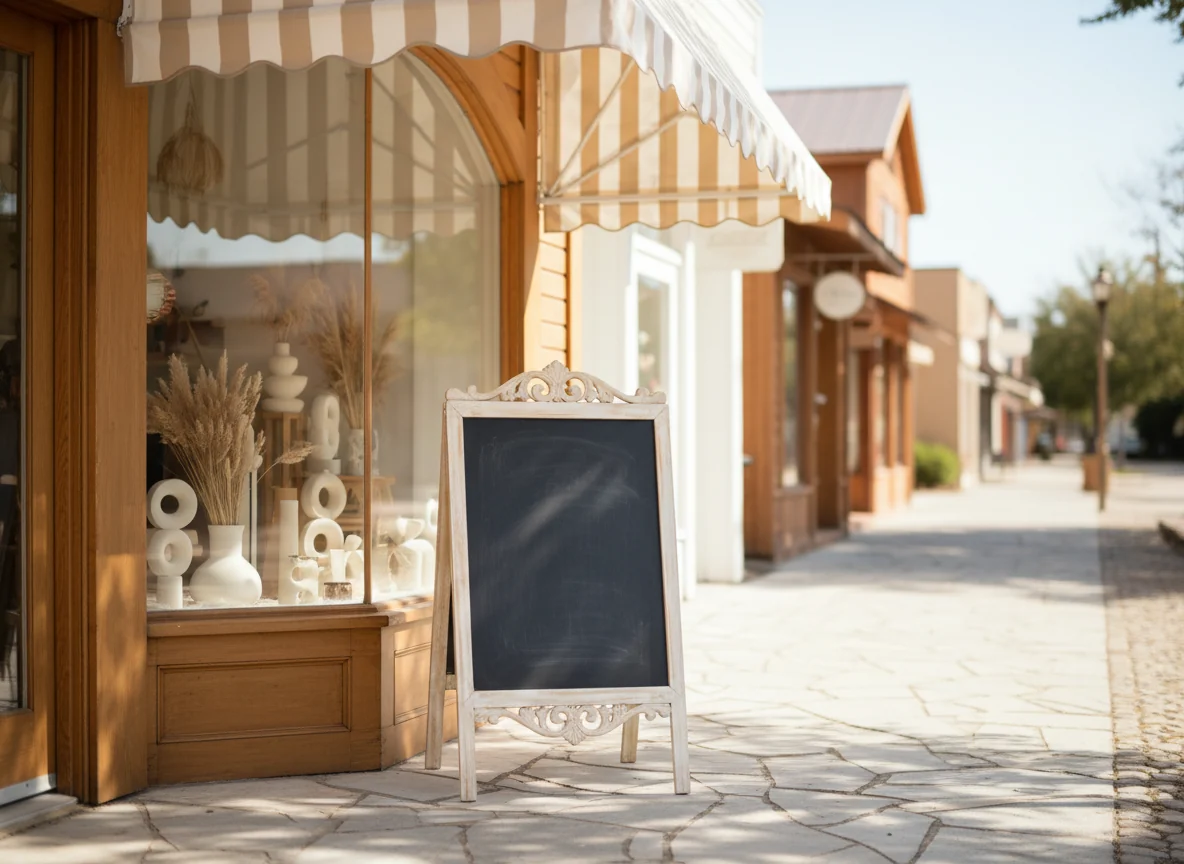 An A-frame chalkboard outside a shop with a striped awning.