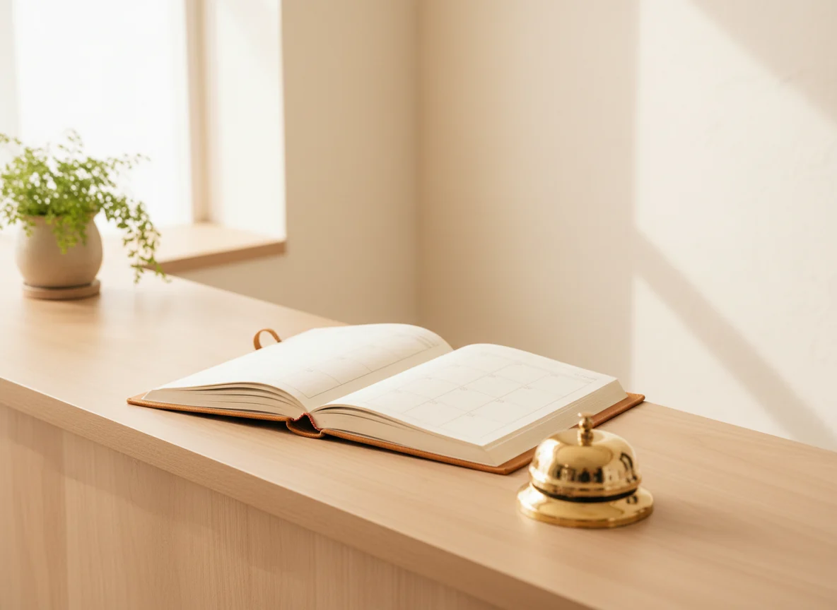 An appointment book and brass service bell on a reception counter.