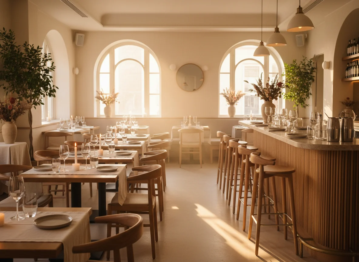 An empty restaurant dining room set for service in warm light.