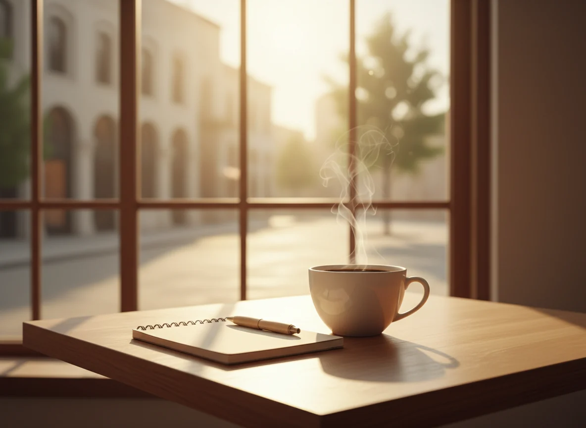 Coffee and a notebook on a cafe table overlooking a quiet street.