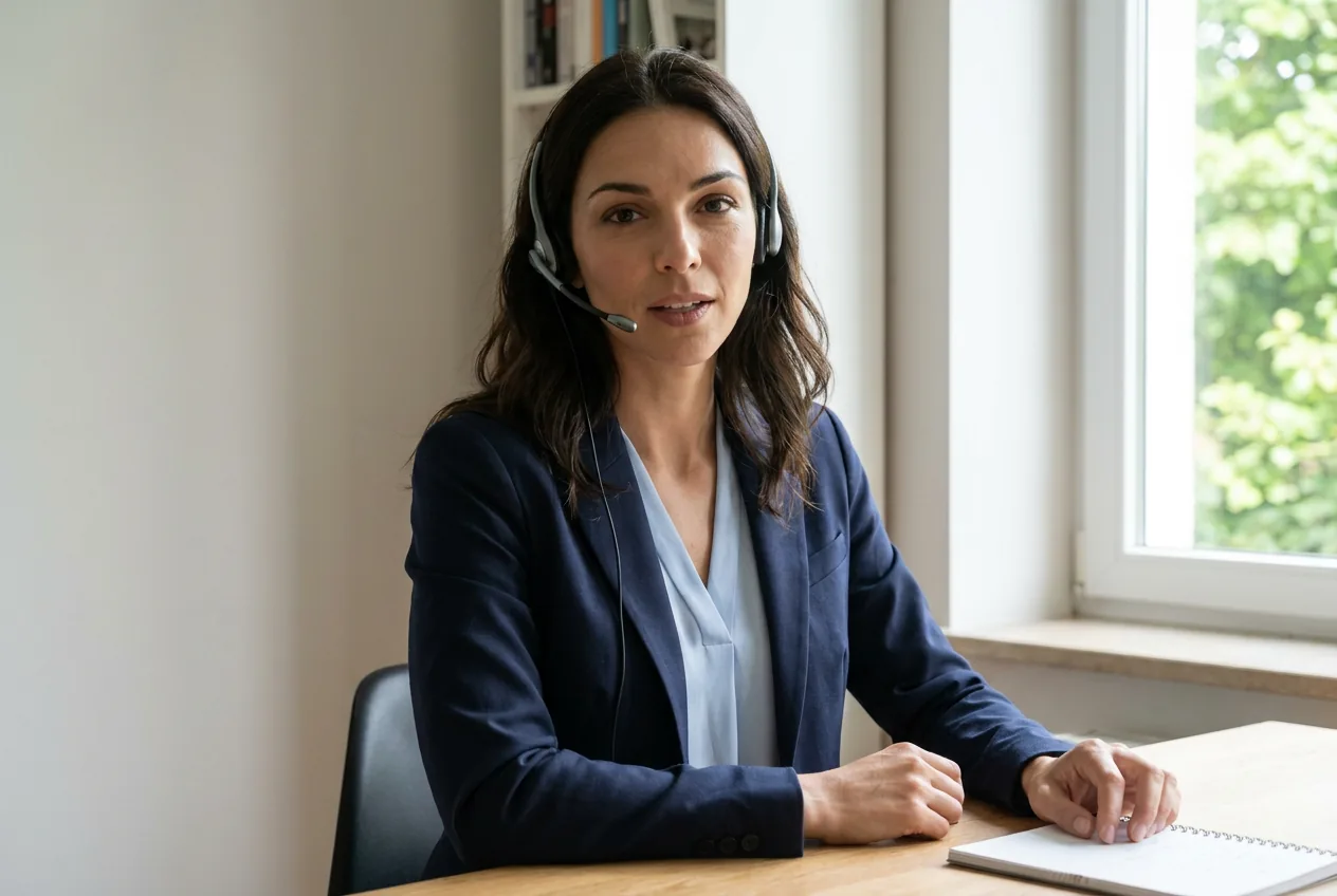 A receptionist in a headset at a tidy desk by a window, mid-conversation.