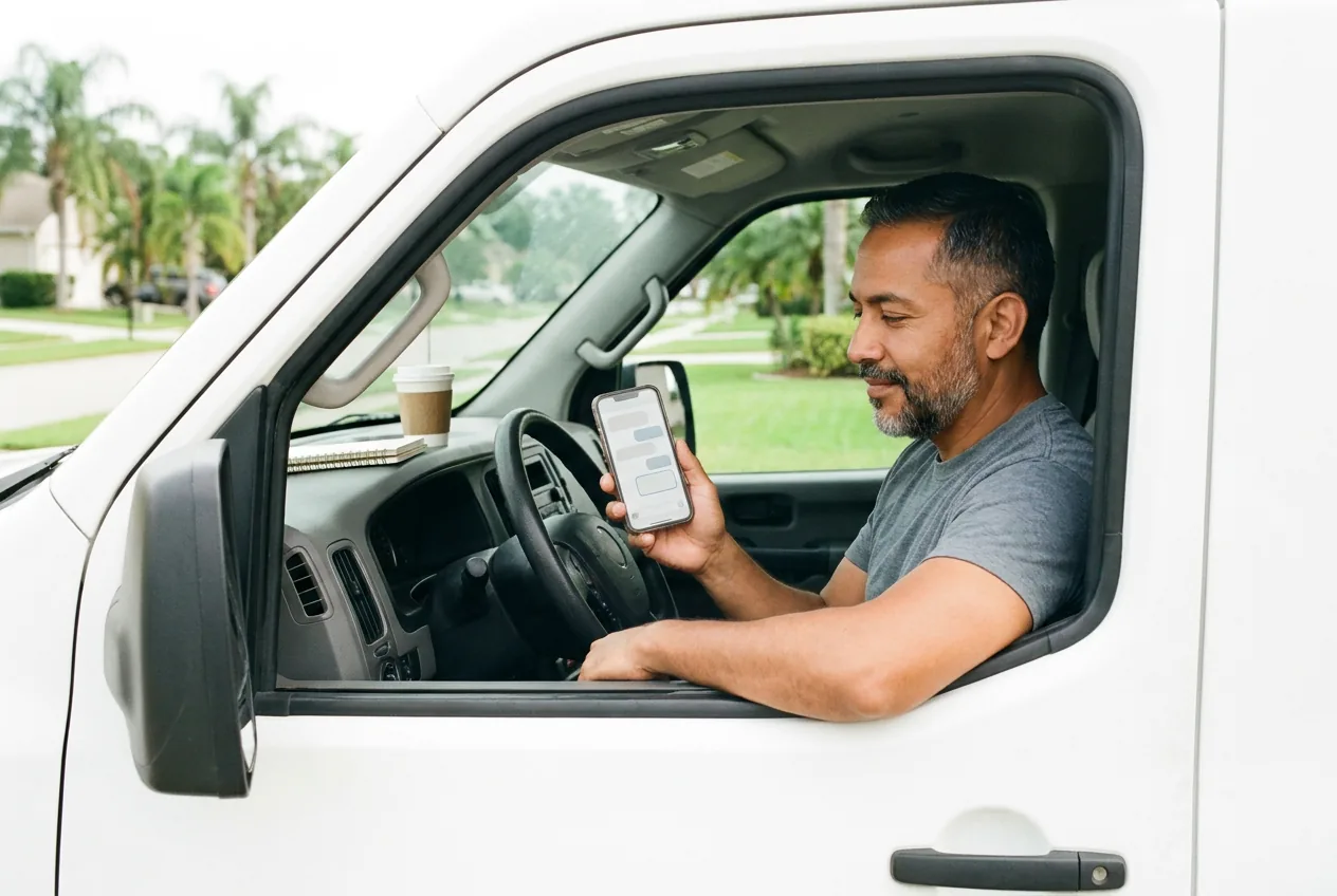 A home-repair contractor sits at the wheel of his parked van, reading a summary on his phone through the open window.