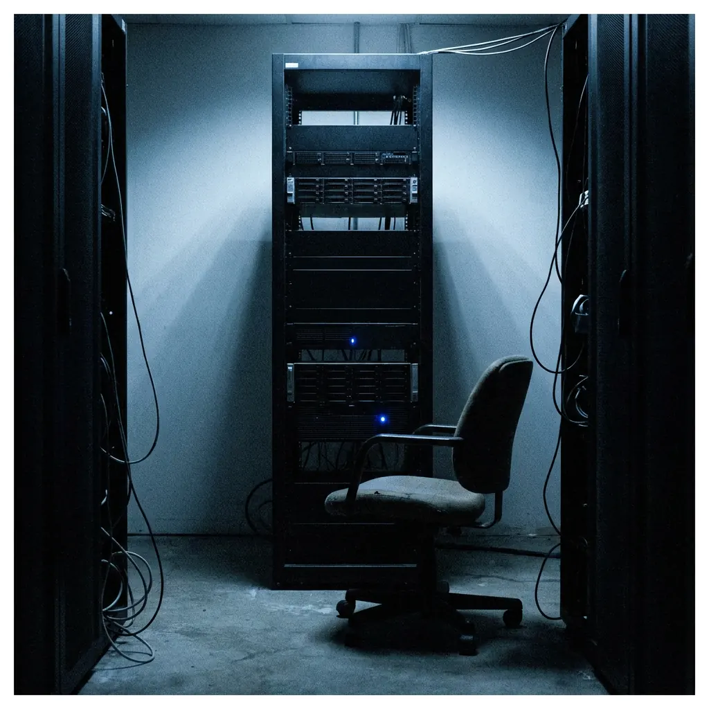 A dark server room with one indicator light and an empty office chair pushed back in front of the rack.