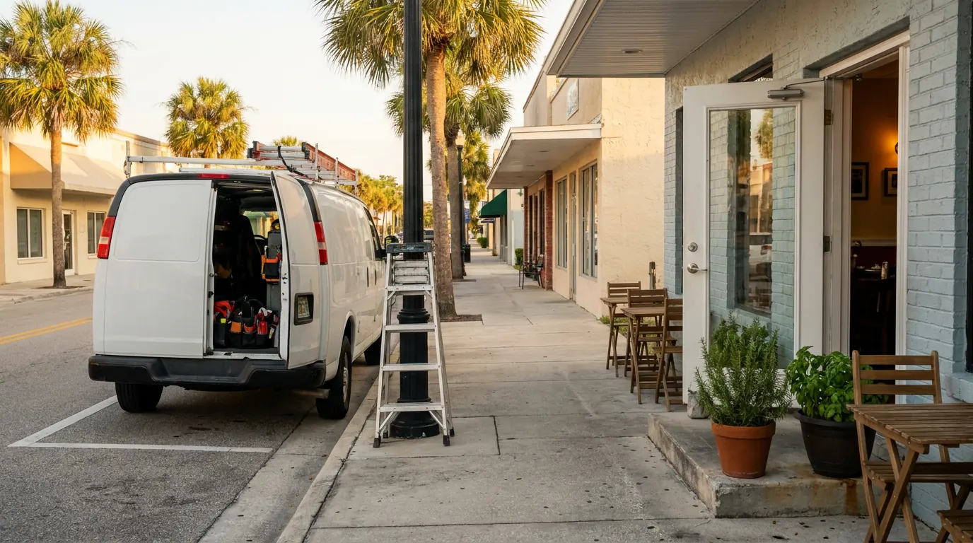 A tradesman’s van parked outside a small restaurant on a sunlit Florida street, both open for the day.