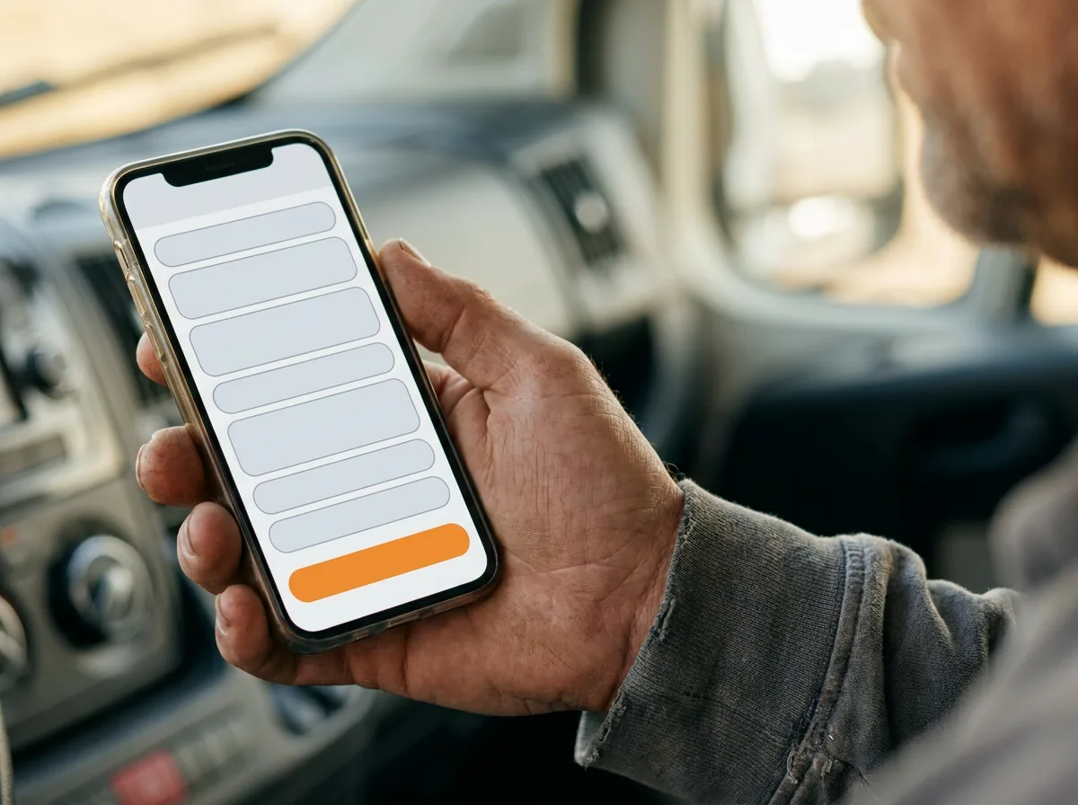 A close view of a phone held in a working hand, showing a plain list of completed items and a single wide button beneath it.