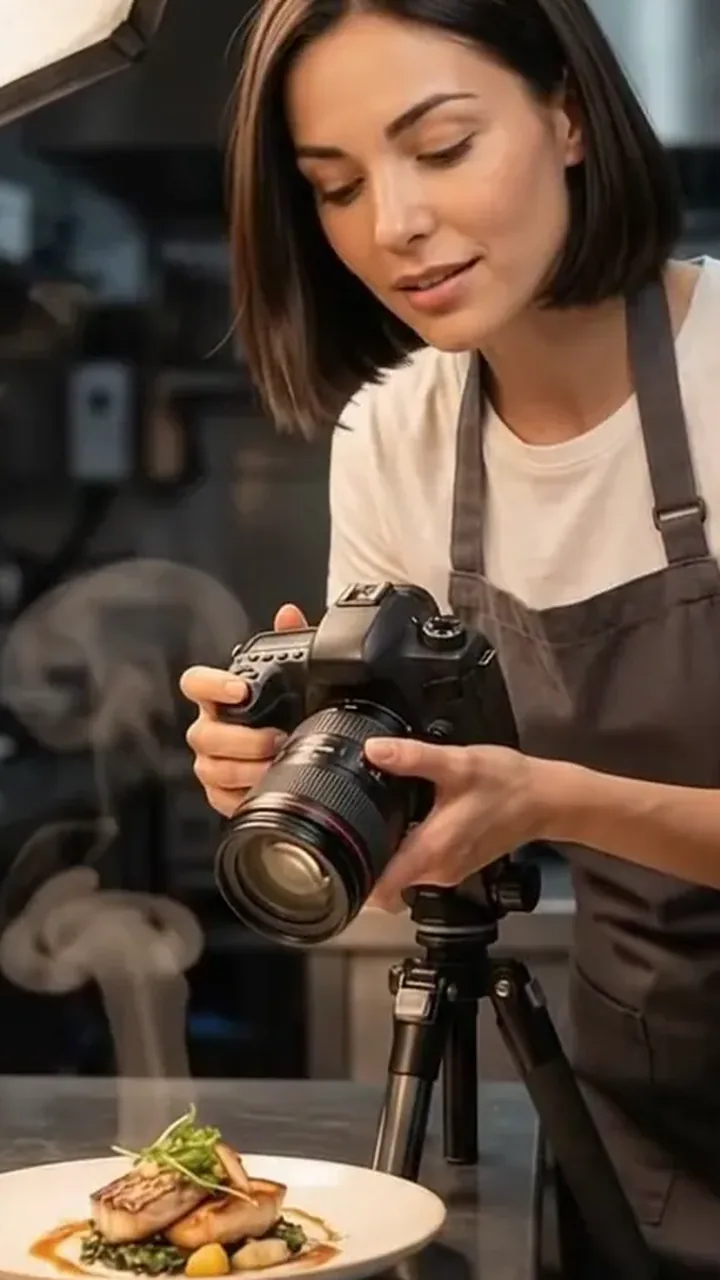Sage, the AI video maker, filming a dish in a restaurant kitchen.