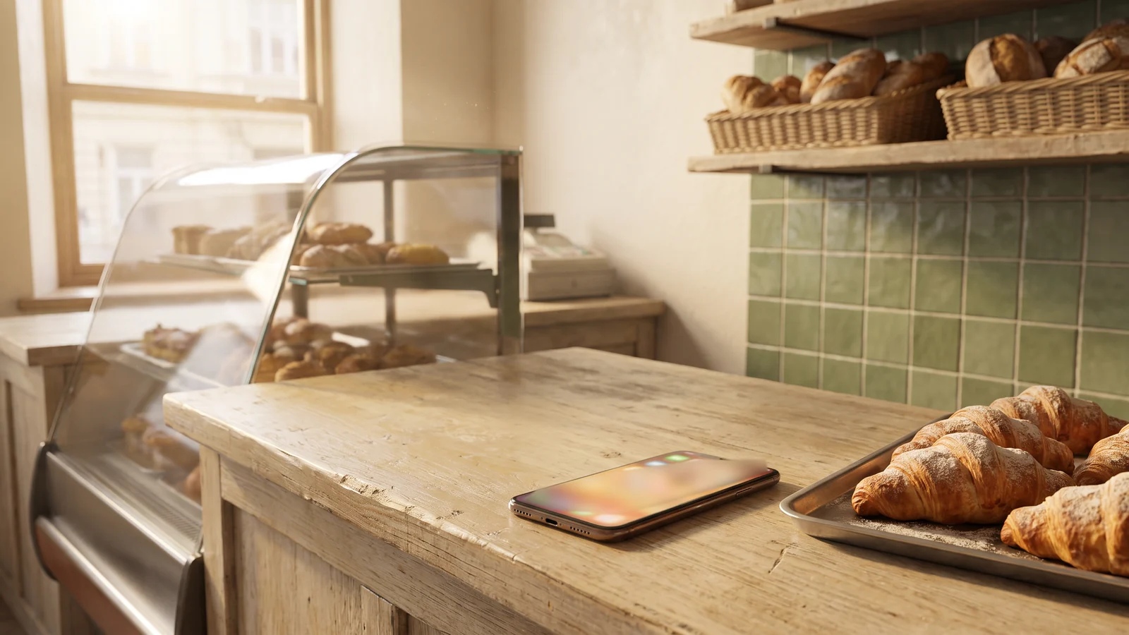 the phone on the counter by the croissants, screen blurred