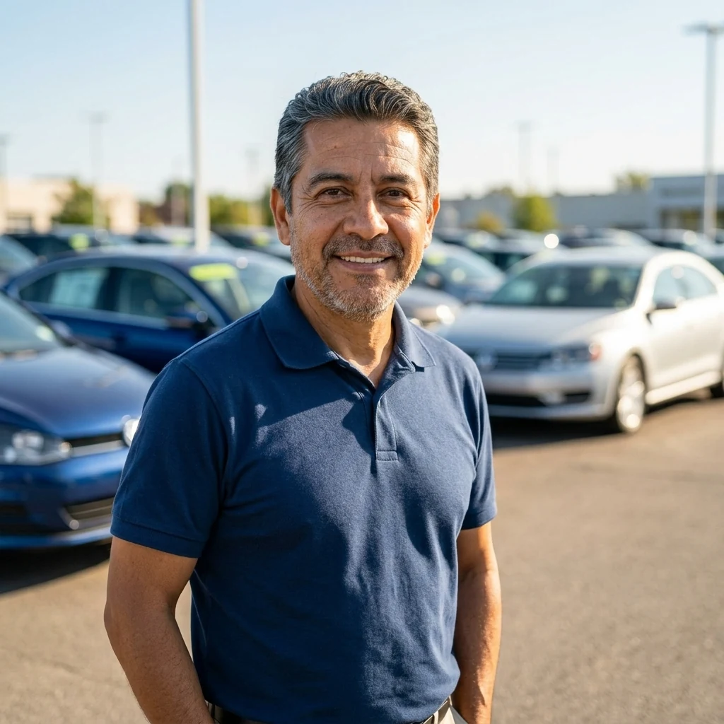 Used-car lot owner on his phone at the lot