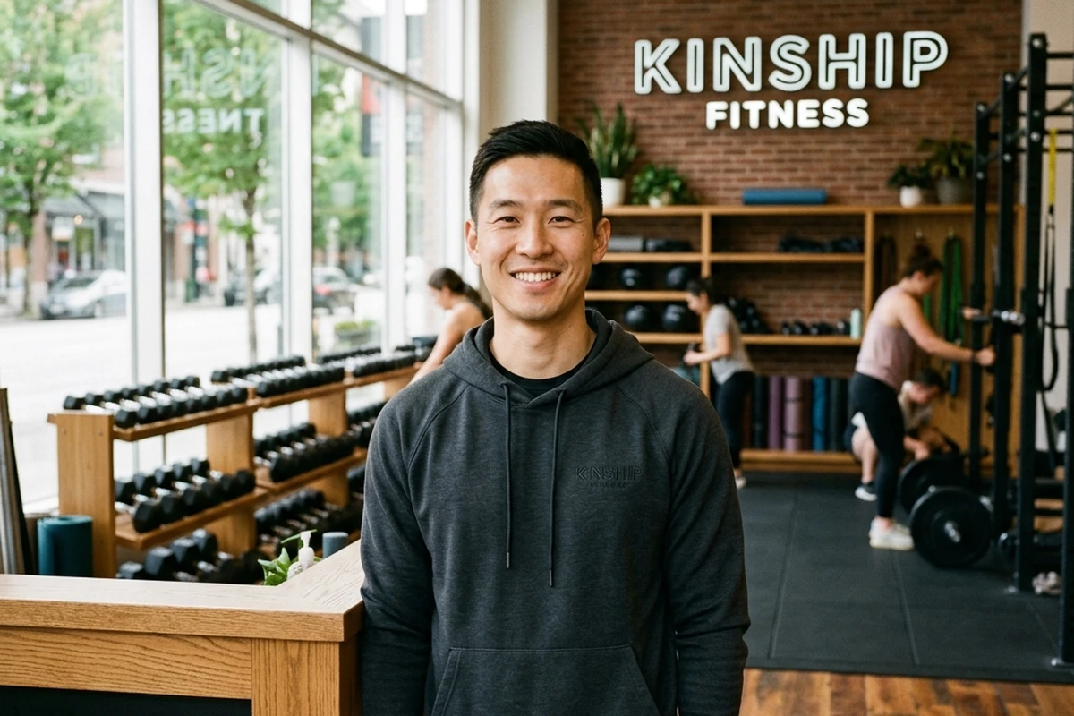 A gym owner on the training floor, checking a phone between classes