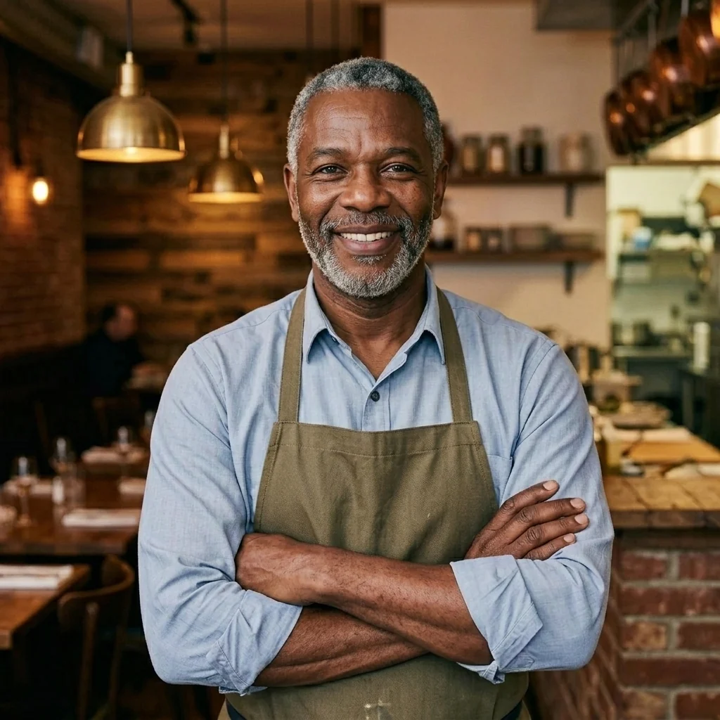 A small-business owner standing in his shop