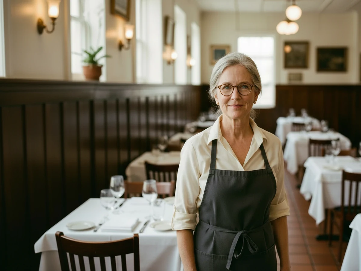 A restaurant owner standing in her dining room before service