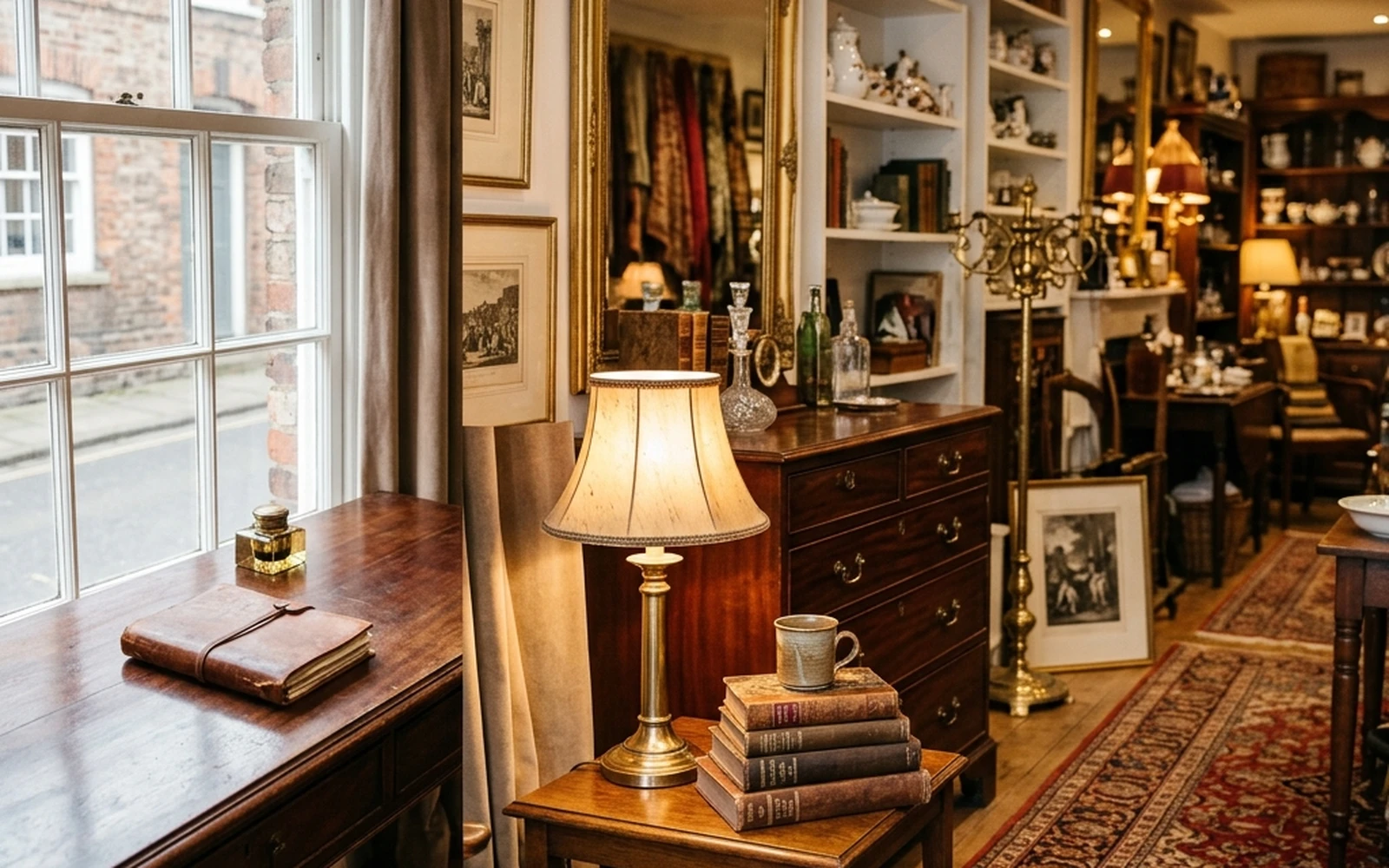 Inside High Cotton Antiques — lamps, a mahogany chest, framed prints